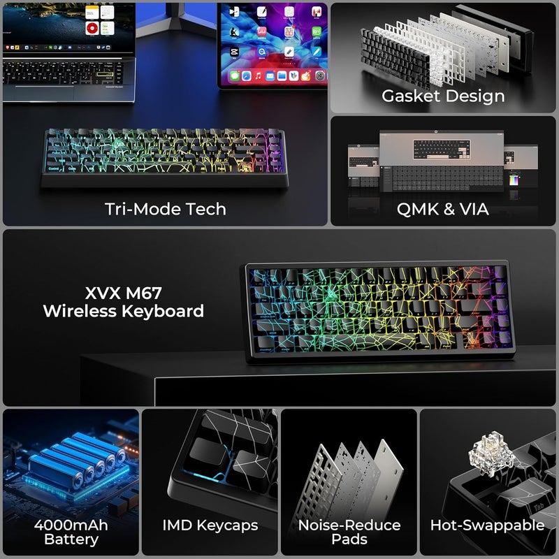 HITIME x XVX M67 60% Percent Keyboard Wireless, QMK/VIA Black Spider Web Gaming Keyboard, Tri-Mode Thocky Creamy Mechanical Key Board, Hot Swappable Gasket Mount RGB IMD Tech for Win/Mac - Image 2